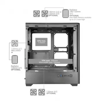 TACENS MARS MC-QUANTUM Mid-Tower ATX Case with 3x120mm FDB Fans + 1x120mm ARGB Fan, USB-C, Tempered Glass, Black