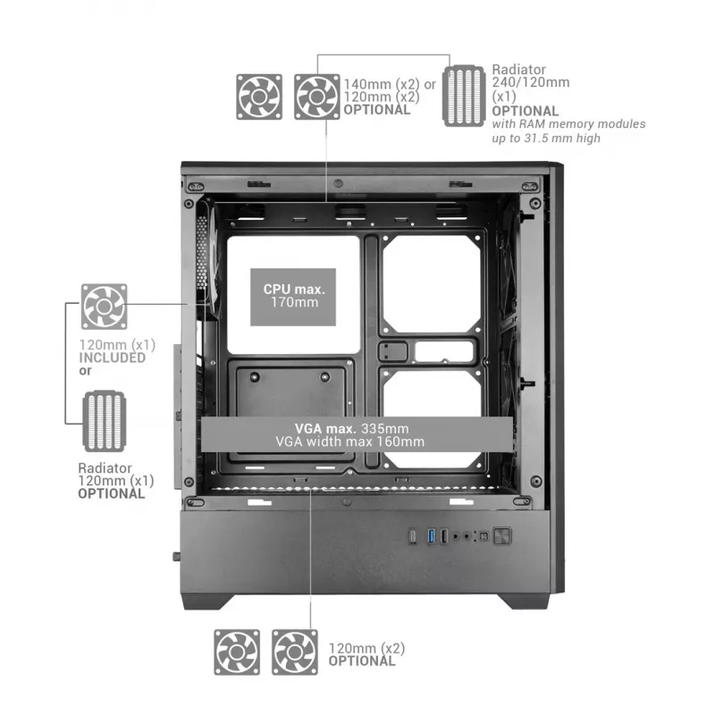 TACENS MARS MC-QUANTUM Mid-Tower ATX Case with 3x120mm FDB Fans + 1x120mm ARGB Fan, USB-C, Tempered Glass, Black