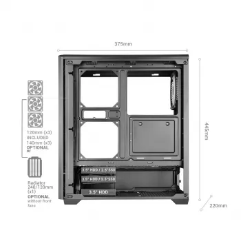 TACENS MARS MC-QUANTUM Mid-Tower ATX Case with 3x120mm FDB Fans + 1x120mm ARGB Fan, USB-C, Tempered Glass, Black