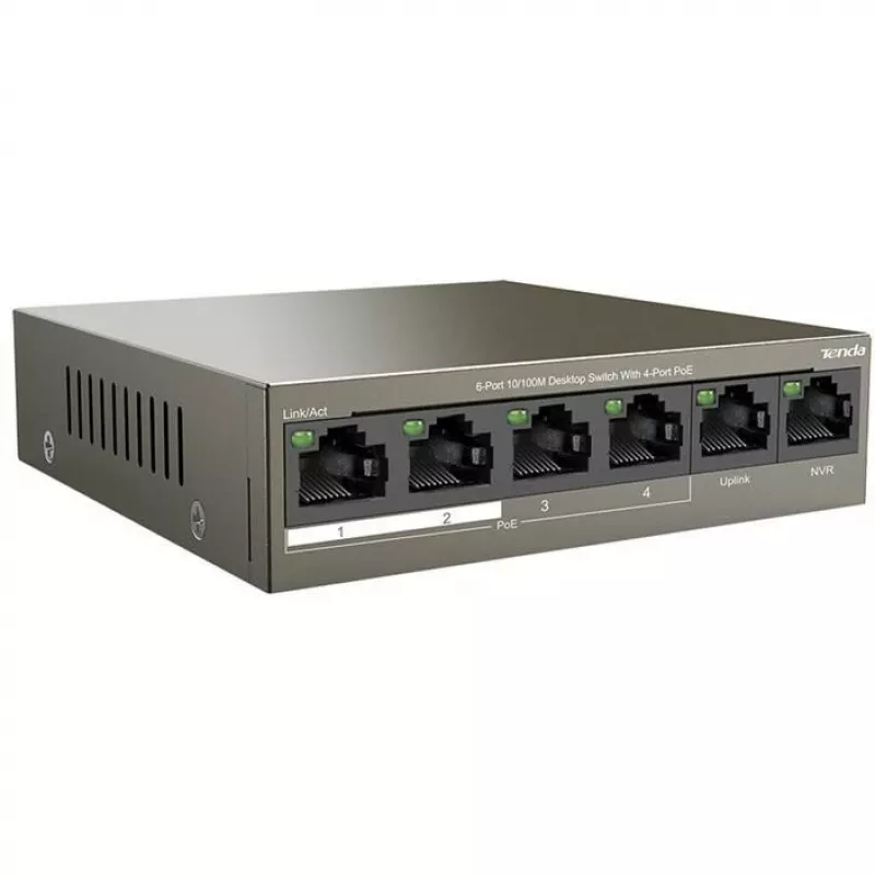 Tenda TEF1106P-4-63W PoE+ Switch, 6-Port Fast Ethernet, 4 PoE+ Ports, 63W Budget, Fanless Desktop