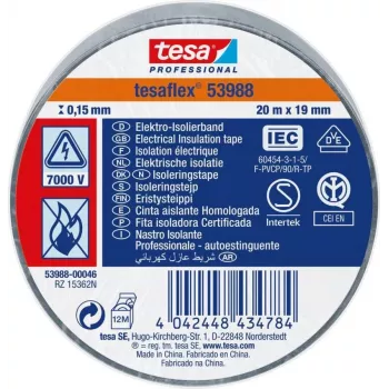 tesa 53988-00016-00 Professional Electrical Insulation Tape, Red, 20 m x 19 mm, PVC, Flame Retardant, 1 Roll