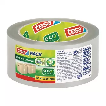 Tesa 58297-00000-01 Transparent PVC Packaging Tape, 66 m x 50 mm, Natural Rubber Adhesive, 60 N Tensile Strength, 1 Roll