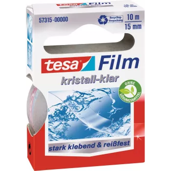tesa Film Crystal Clear Universal Adhesive Tape, 10 Rolls, 15 mm x 10 m, PP Film, Tear-Resistant