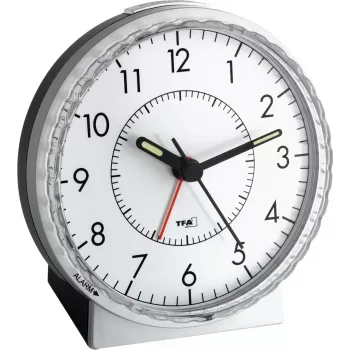 TFA 60.1010 Analog Alarm Clock - Black/Silver - Quartz Movement - Battery Powered