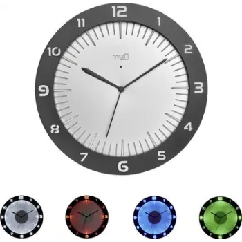TFA LUMOCLOCK Radio-Controlled Wall Clock with Color Illumination, Digital LCD, 7 Colors, Indoor Temperature, Alarm, Snooze, 12/24H, DCF-77