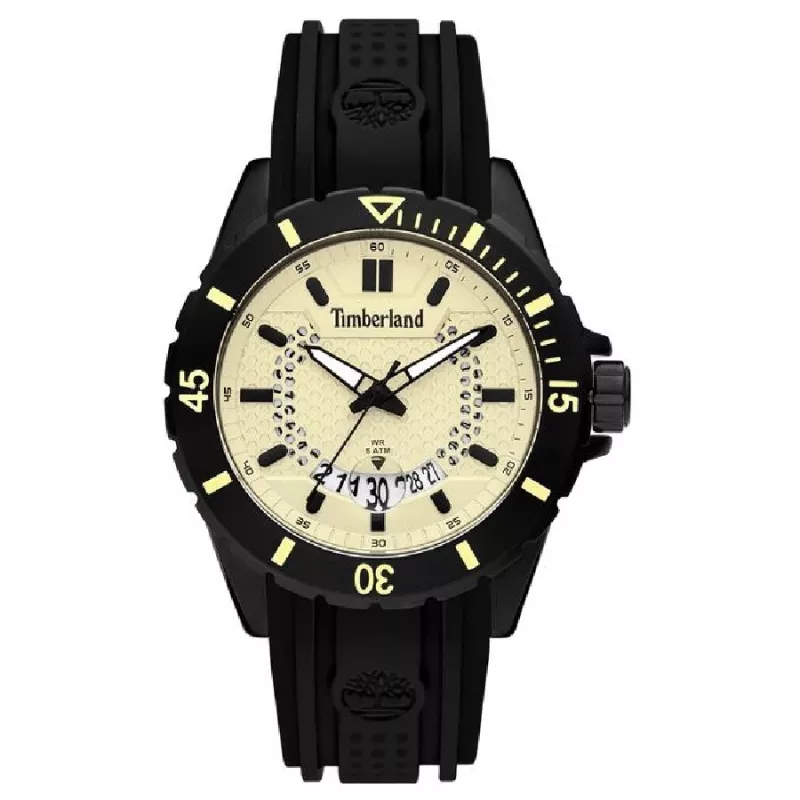 TIMBERLAND Men's Medford 46mm Beige Dial Black Silicone Strap Quartz Watch 15578JSB-14P