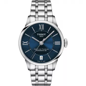TISSOT T-Classic Chemin des Tourelles Women's Automatic Watch 32mm Blue Mother-of-Pearl Dial Diamond Indices Stainless Steel Bracelet