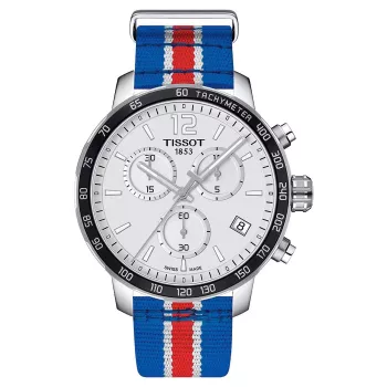 TISSOT T-Sport Quickster Men's Chronograph Watch 42mm Silver Dial Blue and Red Nylon Strap T09541717371