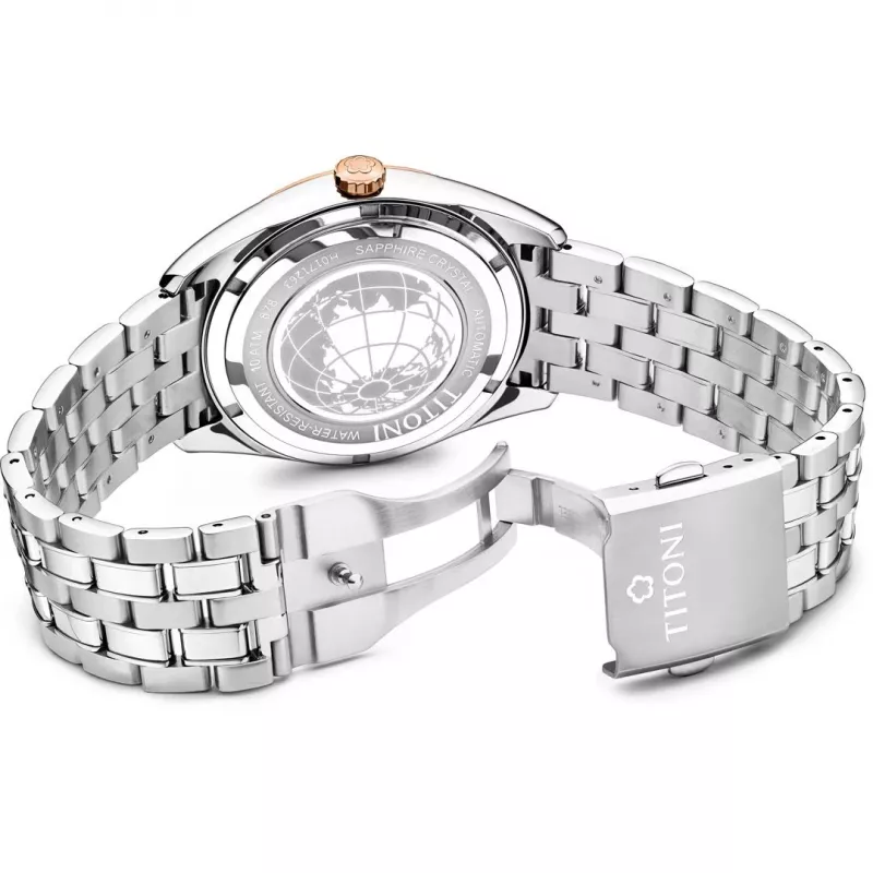 TITONI Airmaster Men's Swiss Automatic Watch 878SRG-657 41mm Rose Gold PVD Stainless Steel Brown Leather