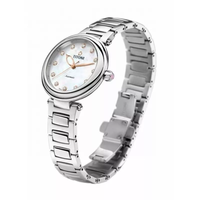 TITONI Ladies Automatic Watch 23978SRG-622 33.5mm Rose Gold PVD Stainless Steel White Mother of Pearl Dial Diamond Hour Markers
