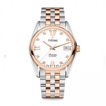 TITONI Men's Automatic Watch 83909SRG-063 38.5mm Rose Gold PVD Stainless Steel Silver Dial Brown Leather Strap