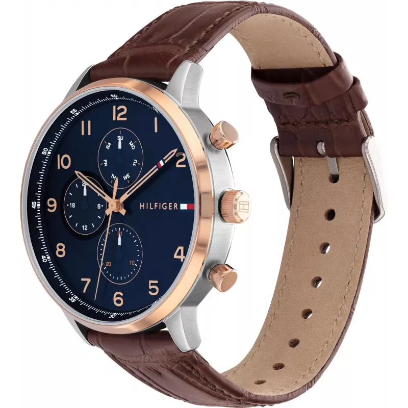 Tommy Hilfiger Men's Watch 1791987 44mm Stainless Steel Case Brown Leather Strap Blue Dial