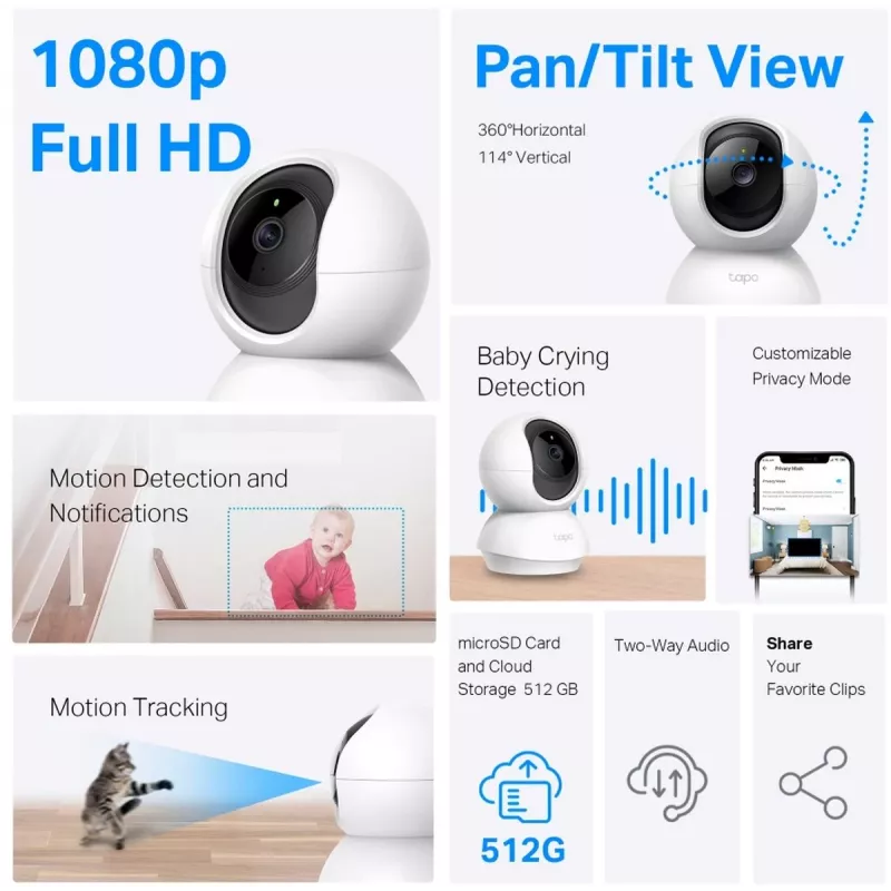 TP-Link Tapo C200C Pan/Tilt Home Security Wi-Fi Camera - 1080p Full HD, 360° Horizontal Range, Two-Way Audio, Night Vision up to 9m, MicroSD up to 256GB, White
