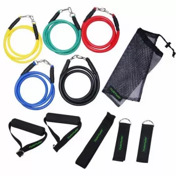Tunturi Exercise Multifunctional Resistance Band Set - 5 Colour-Coded Bands with Handles, Ankle Straps, Door Anchor & Bag