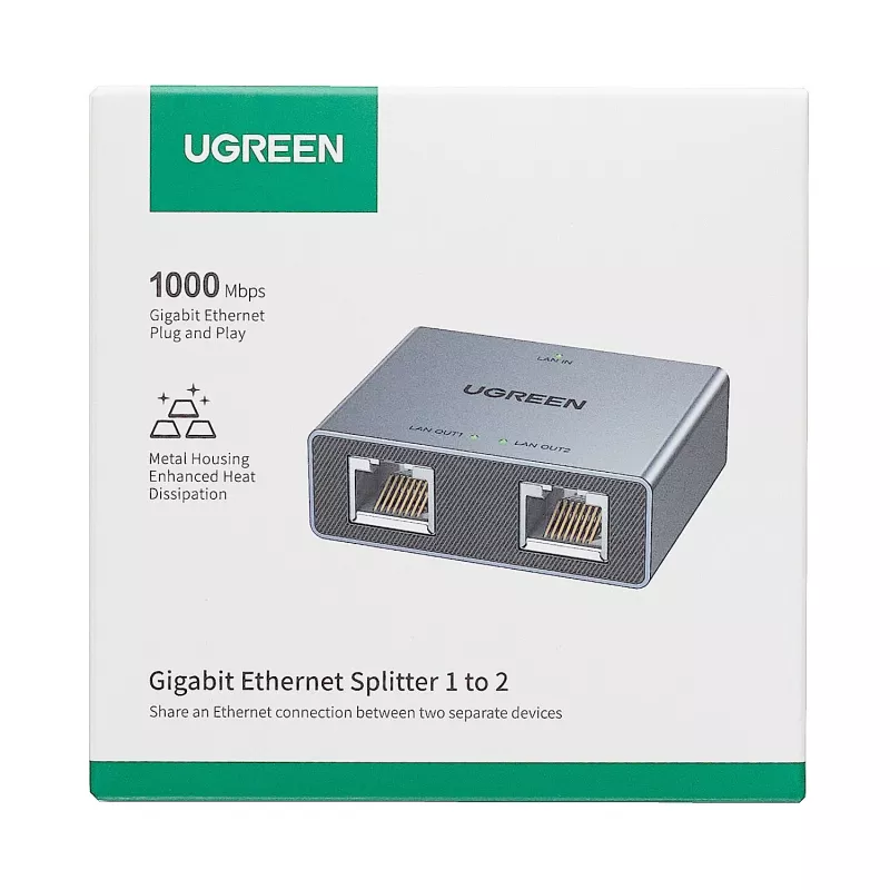 UGREEN 1-to-2 Gigabit Ethernet Splitter, 1000Mbps LAN Network Adapter, RJ45 Male to 2 Female, Passive, Black