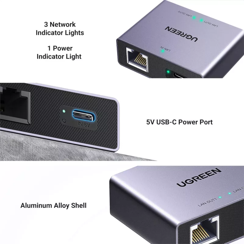 UGREEN 1-to-2 Gigabit Ethernet Splitter, 1000Mbps LAN Network Adapter, RJ45 Male to 2 Female, Passive, Black