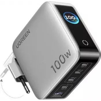 UGREEN 100W GaN Tech Nexode Pro 5-in-1 Wall Charger with Smart Display & Touch Control, 4x USB-C & 1x USB-A, Grey 65620