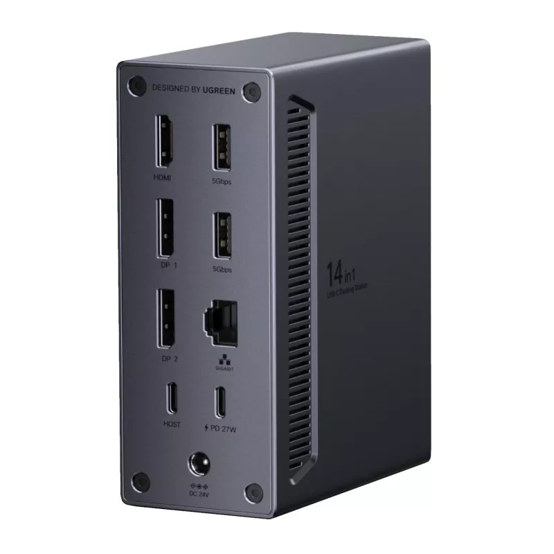 UGREEN 14-in-1 USB-C Docking Station with Dual DisplayPort, HDMI, 100W PD, Gigabit Ethernet, SD/TF Card Readers, and 3.5mm Audio