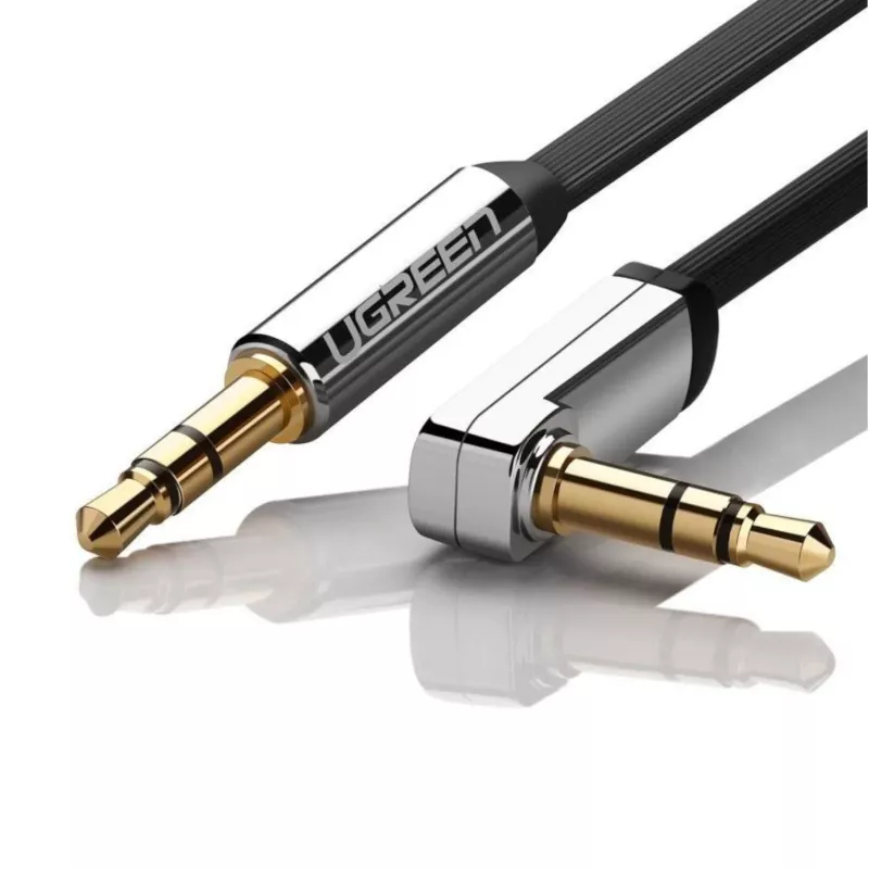 UGREEN AV119 Right-Angled 3.5mm Flat Aux Cable 2m - Black/Silver