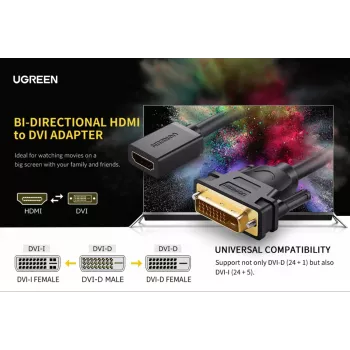 UGREEN DVI to HDMI Cable Adapter 15cm Male to Female 1080p Full HD Black