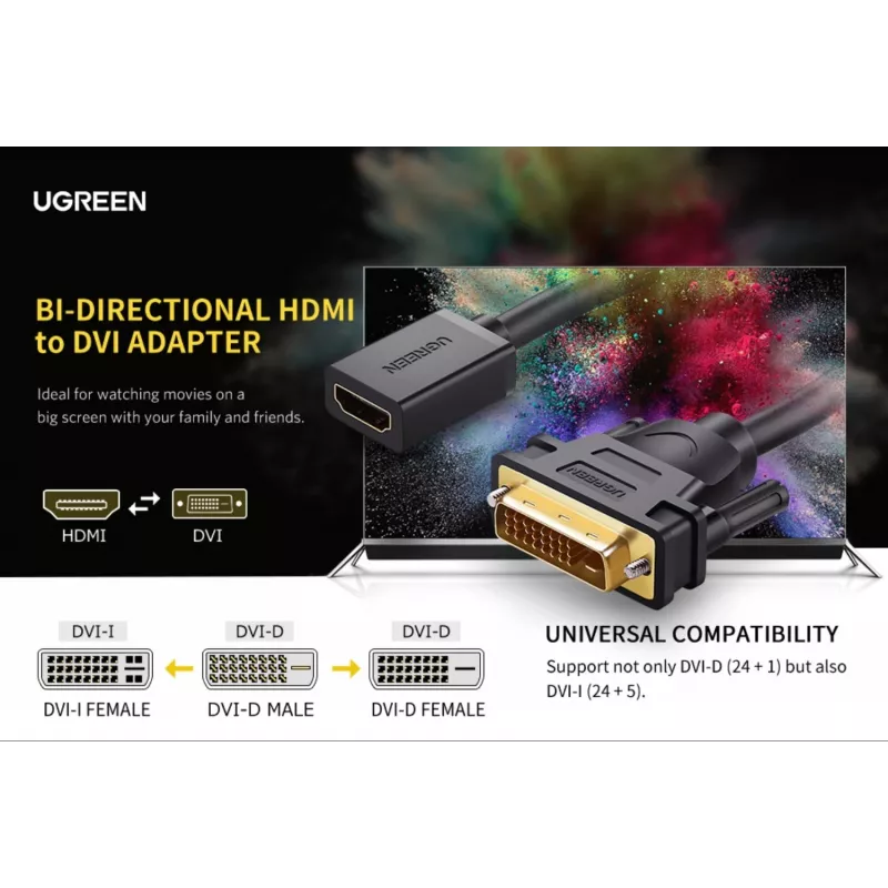 UGREEN DVI to HDMI Cable Adapter 15cm Male to Female 1080p Full HD Black