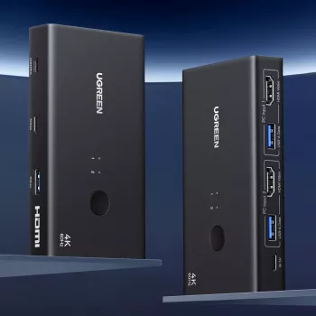 UGREEN HDMI 2.0 KVM Switch 2-In-1 Out, 2 Computers 1 Monitor, 4K@60Hz, 3-Port USB 2.0 Hub, Push Button & Hotkey Switching, Aluminum Alloy, HDCP 2.2, HDR10