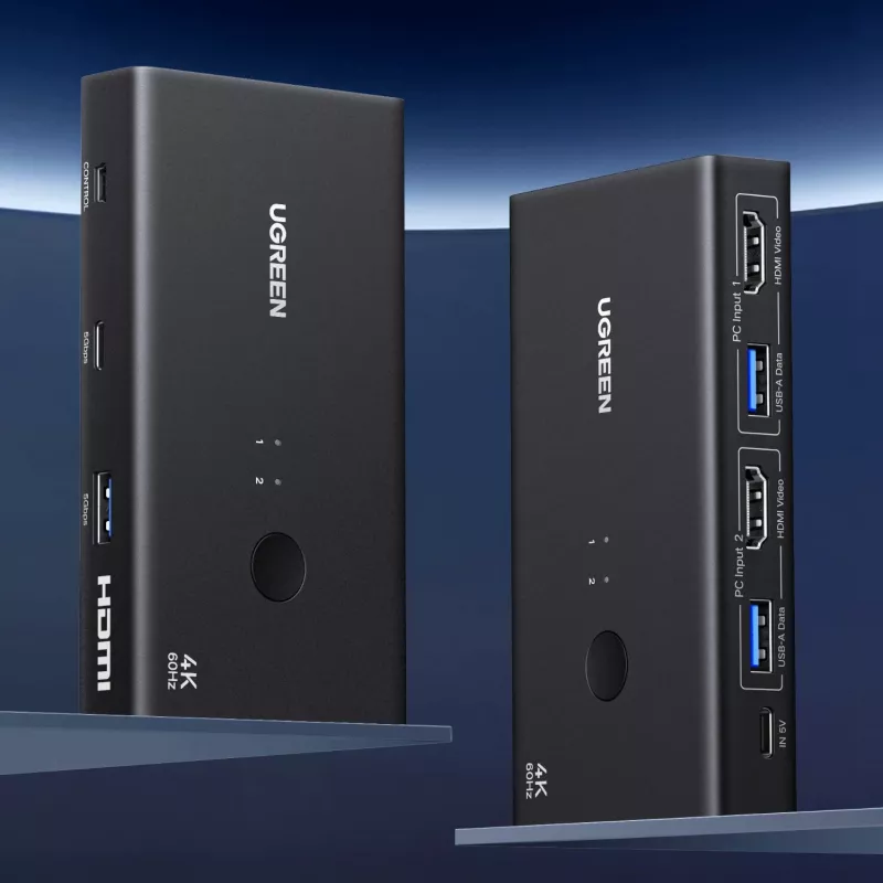 UGREEN HDMI 2.0 KVM Switch 2-In-1 Out, 2 Computers 1 Monitor, 4K@60Hz, 3-Port USB 2.0 Hub, Push Button & Hotkey Switching, Aluminum Alloy, HDCP 2.2, HDR10