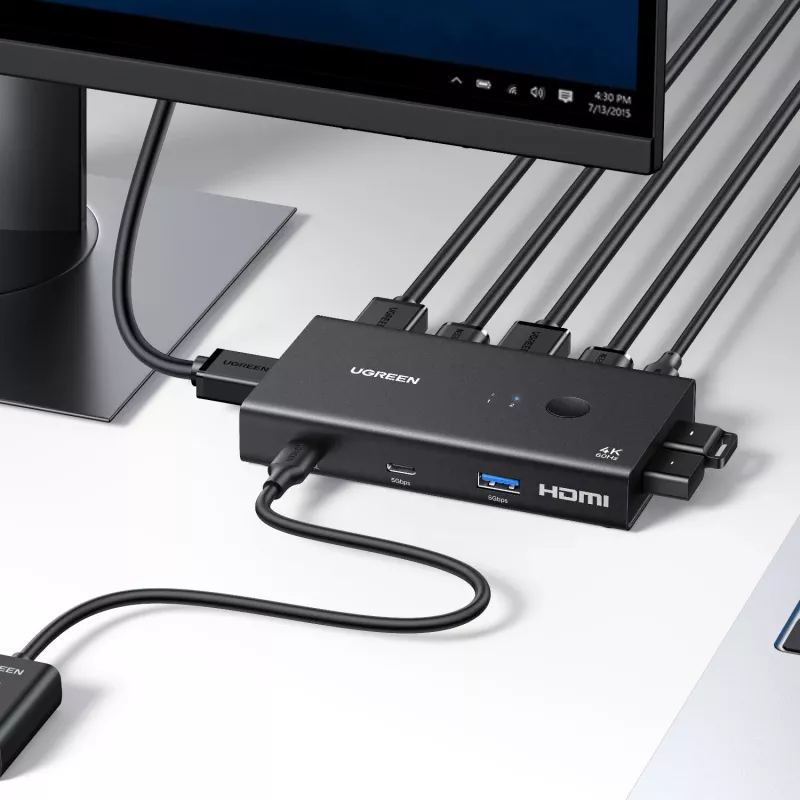 UGREEN HDMI 2.0 KVM Switch 2-In-1 Out, 2 Computers 1 Monitor, 4K@60Hz, 3-Port USB 2.0 Hub, Push Button & Hotkey Switching, Aluminum Alloy, HDCP 2.2, HDR10