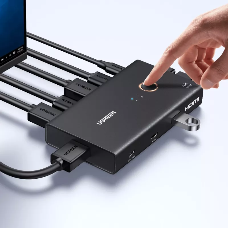 UGREEN HDMI 2.0 KVM Switch 2-In-1 Out, 2 Computers 1 Monitor, 4K@60Hz, 3-Port USB 2.0 Hub, Push Button & Hotkey Switching, Aluminum Alloy, HDCP 2.2, HDR10