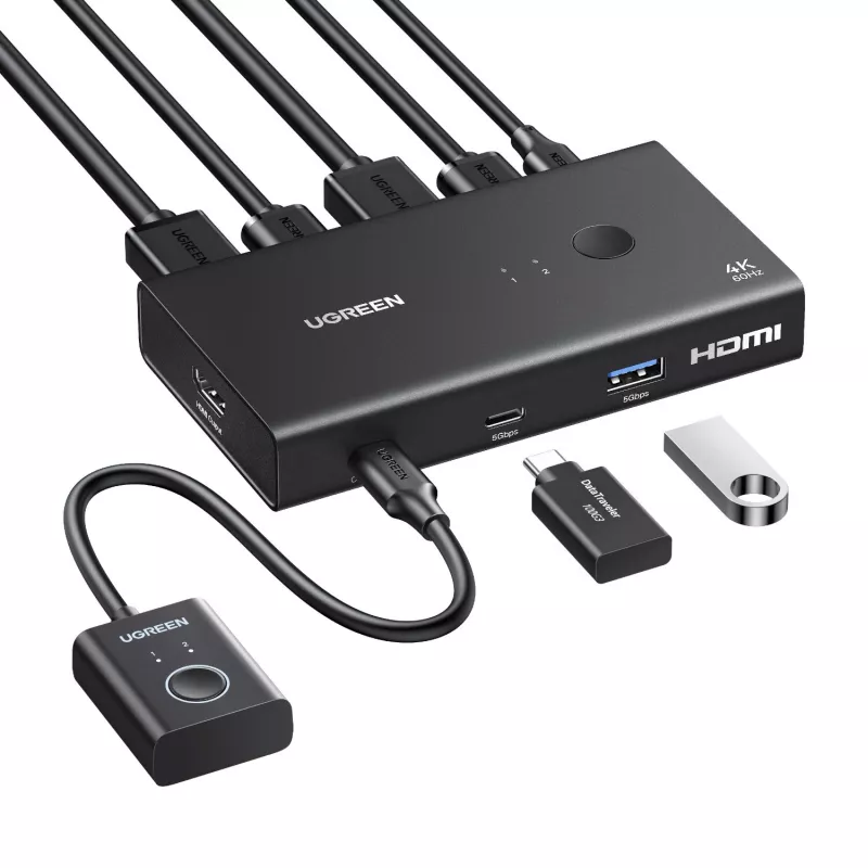 UGREEN HDMI 2.0 KVM Switch 2-In-1 Out, 2 Computers 1 Monitor, 4K@60Hz, 3-Port USB 2.0 Hub, Push Button & Hotkey Switching, Aluminum Alloy, HDCP 2.2, HDR10