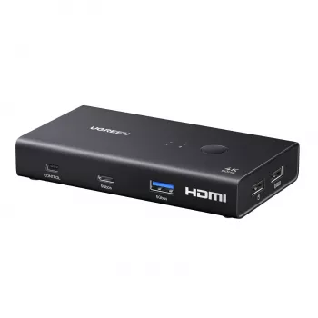 UGREEN HDMI 2.0 KVM Switch 2-In-1 Out, 2 Computers 1 Monitor, 4K@60Hz, 3-Port USB 2.0 Hub, Push Button & Hotkey Switching, Aluminum Alloy, HDCP 2.2, HDR10