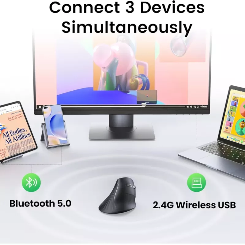 UGREEN Multi-Mode Vertical Mouse Bluetooth and 2.4G Wireless – Black