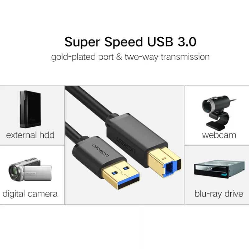 UGREEN US210 USB 3.0 A to B Cable, 2m, Black
