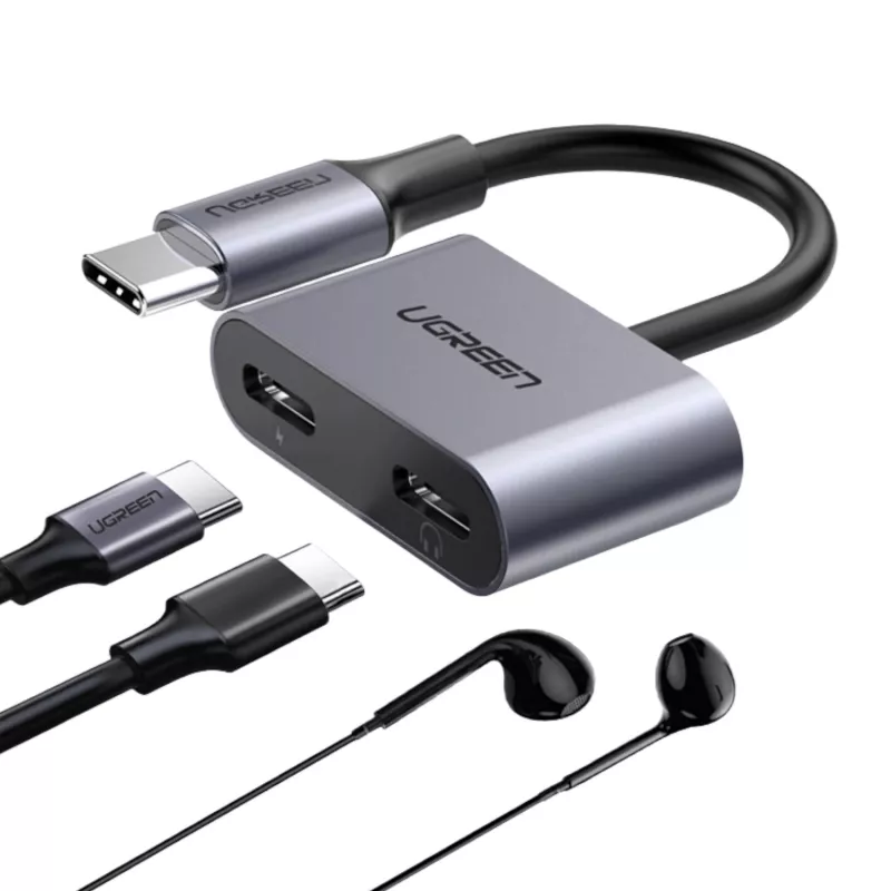 UGREEN USB Type-C Dual Audio and Charging Adapter (15W PD, 2-in-1 Splitter, Space Gray)