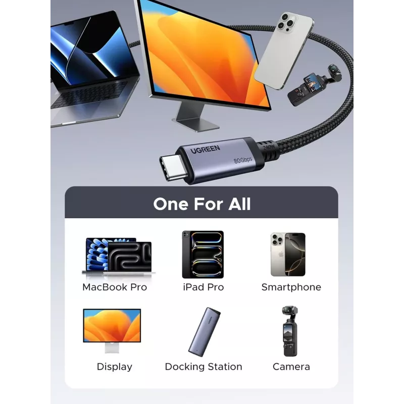 UGREEN USB4 USB-C to USB-C Cable 240W 40Gbps 16K@60Hz 80Gbps Thunderbolt 4 Compatible 1m Nylon Braided