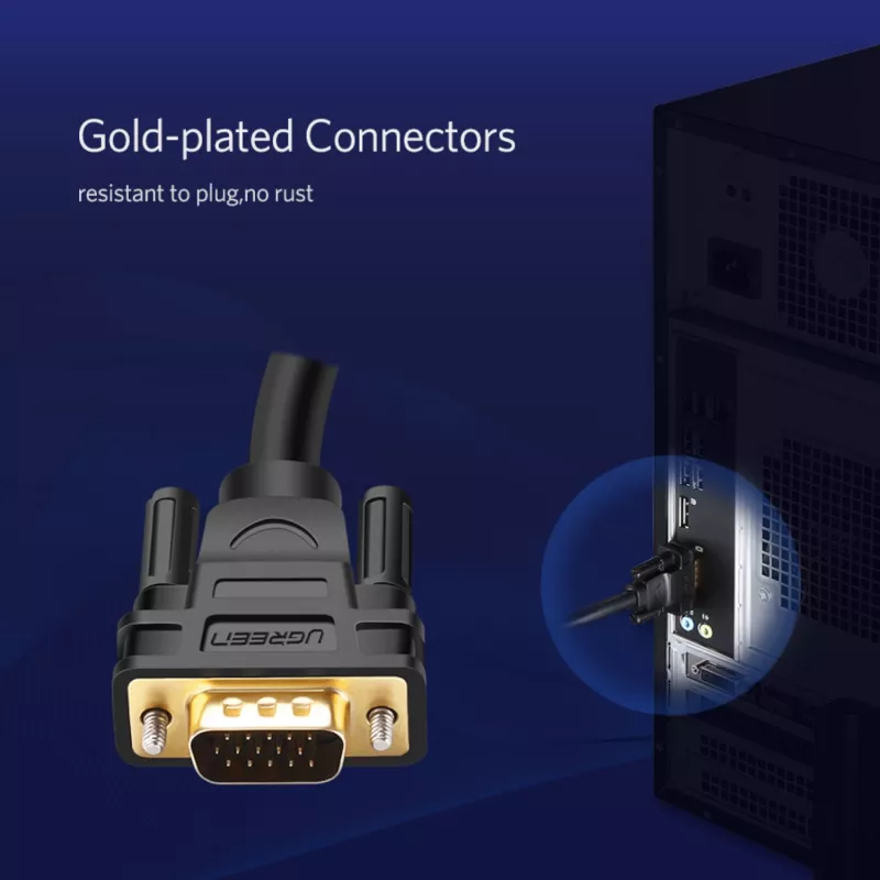 UGREEN VG101 VGA Male to Male Cable 1.5m – Full HD 1080p, Gold-Plated Connectors, Double Shielded, Dual Ferrite Cores