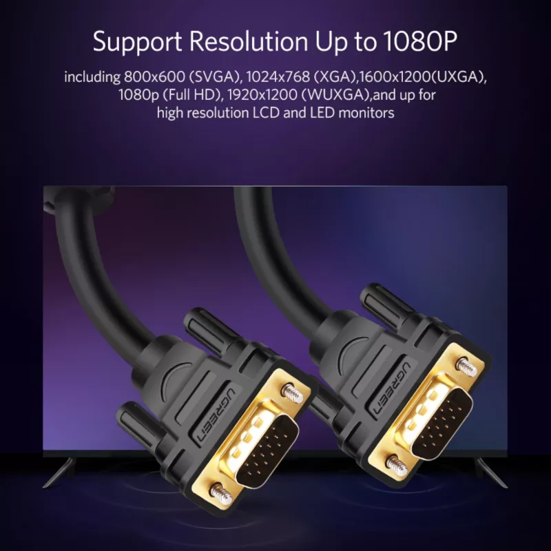 UGREEN VG101 VGA Male to Male Cable 3M – Gold-Plated, Dual Ferrite, Full HD 1080p