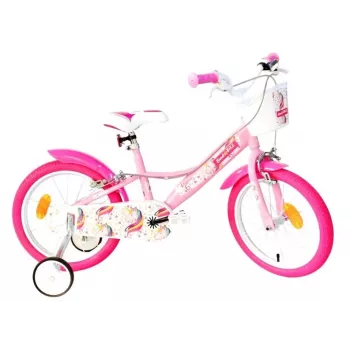 Unicorn 16 inch Kids' Bike with Training Wheels, Basket & Doll Carrier – White/Pink