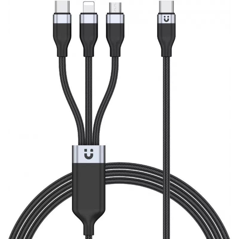 UNITEK 3-in-1 USB-A to Lightning, USB-C, Micro USB Nylon Braided Charging Cable 1.2m Black