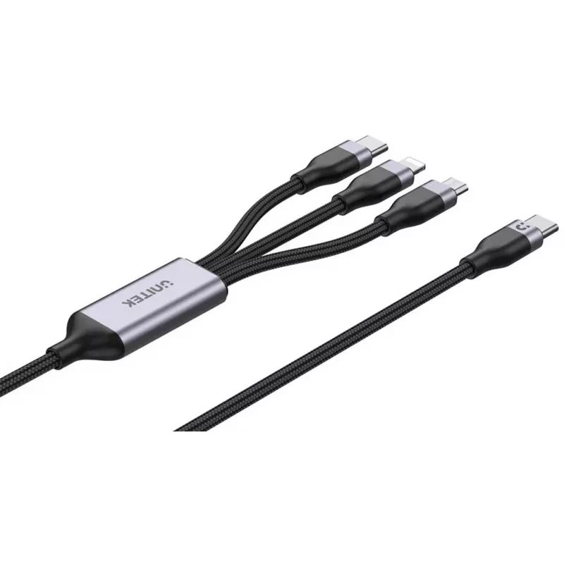 UNITEK 3-in-1 USB-A to Lightning, USB-C, Micro USB Nylon Braided Charging Cable 1.2m Black