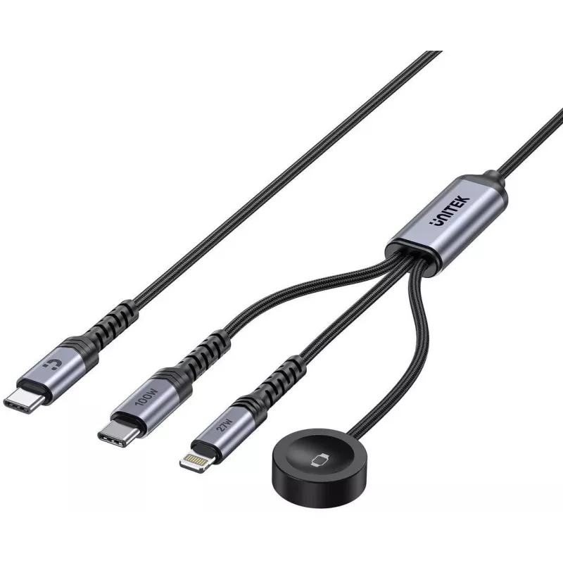 UNITEK 3-in-1 USB-C + Lightning + Apple Watch Charging Cable, 100W PD, 480 Mbps, 1.2m, Black
