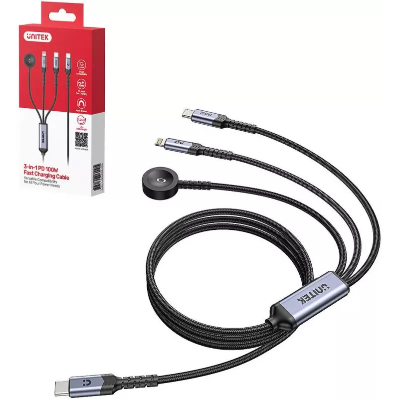 UNITEK 3-in-1 USB-C + Lightning + Apple Watch Charging Cable, 100W PD, 480 Mbps, 1.2m, Black