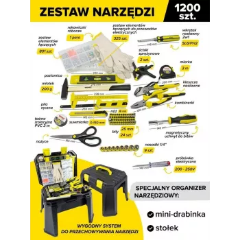 Universal Tool & Fastener Set 1200 pcs 1/4 inch 6-Point with Ratchet, Sockets, Screwdrivers, Wrenches, Hex Keys, Pliers, Hammer, Knife, Measuring Tape, Spirit Level, Screws, Nuts, Washers, Wall Plugs, Nails, Insulating Tape, Cable Ties in Storage Case