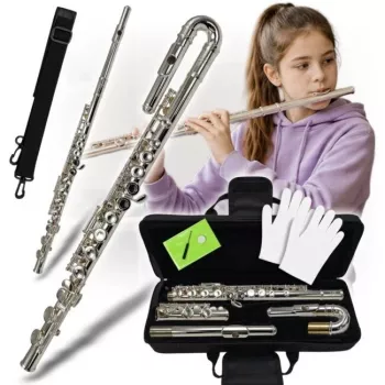 V-TONE SCF 16 Transverse Flute with Curved Headjoint, C Key, Silver-Plated Nickel Silver, Closed Hole, Split E Mechanism, Beginner Student Flute with Case and Accessories