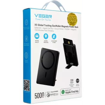 Veger GeoWallet Tracker X5 5000 mAh 20W PD QC 3.0 MFi MagSafe USB-C Power Bank - Black
