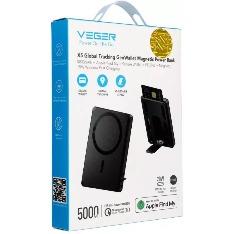 Veger GeoWallet Tracker X5 5000 mAh 20W PD QC 3.0 MFi MagSafe USB-C Power Bank - Black