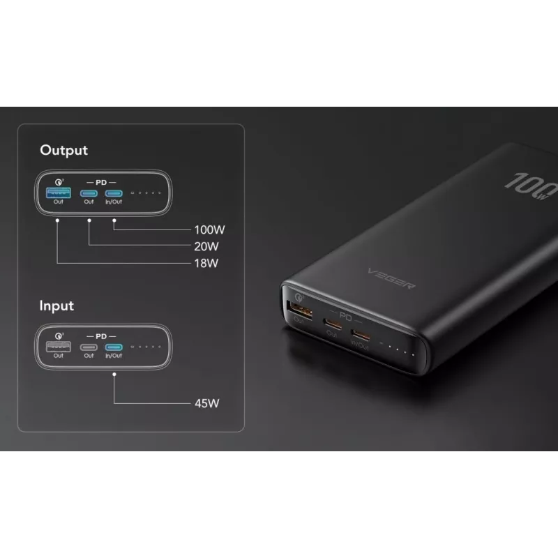 Veger Powerbank T100 (W2032C-100) PD QC3.0 5A 100W 20000 mAh Black