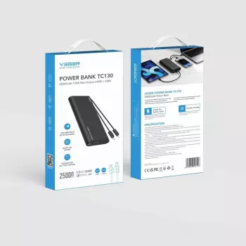 VEGER TCE130 130W PD Power Bank 25000mAh with Built-in USB-C & Lightning Cables, Black