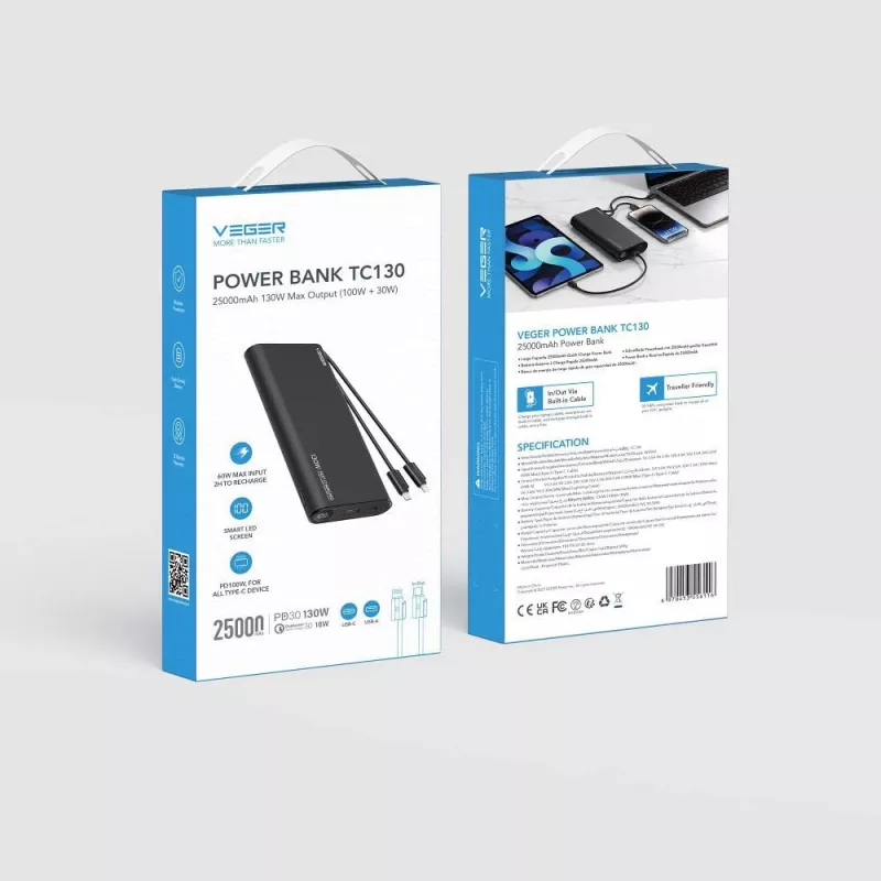 VEGER TCE130 130W PD Power Bank 25000mAh with Built-in USB-C & Lightning Cables, Black