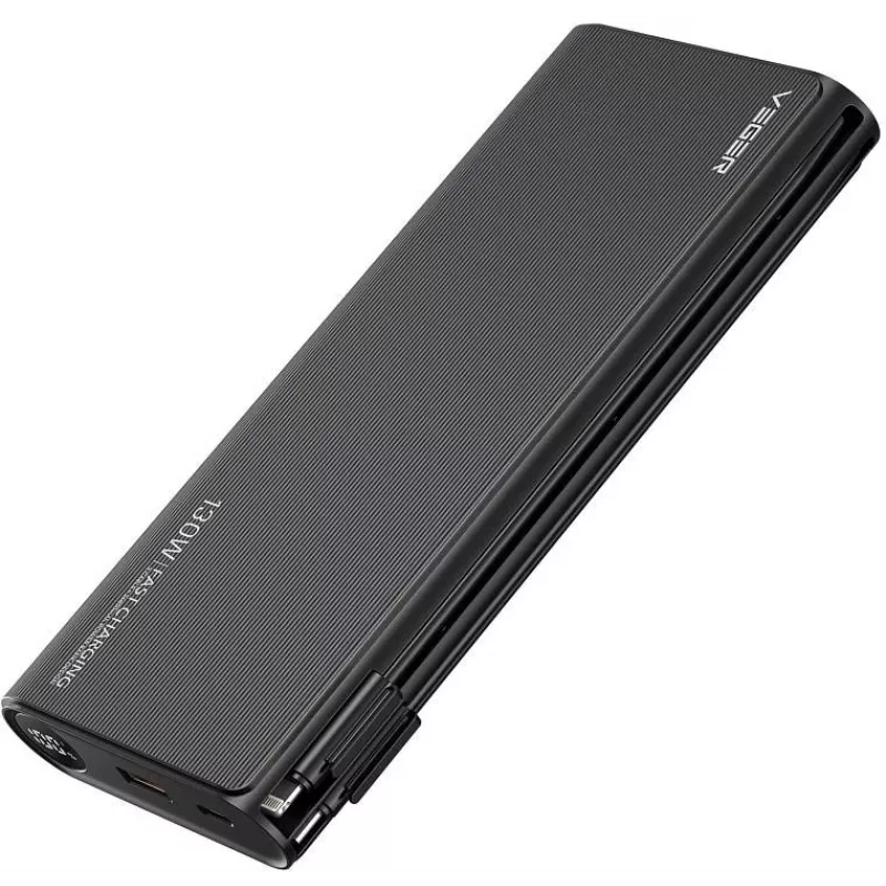 VEGER TCE130 130W PD Power Bank 25000mAh with Built-in USB-C & Lightning Cables, Black